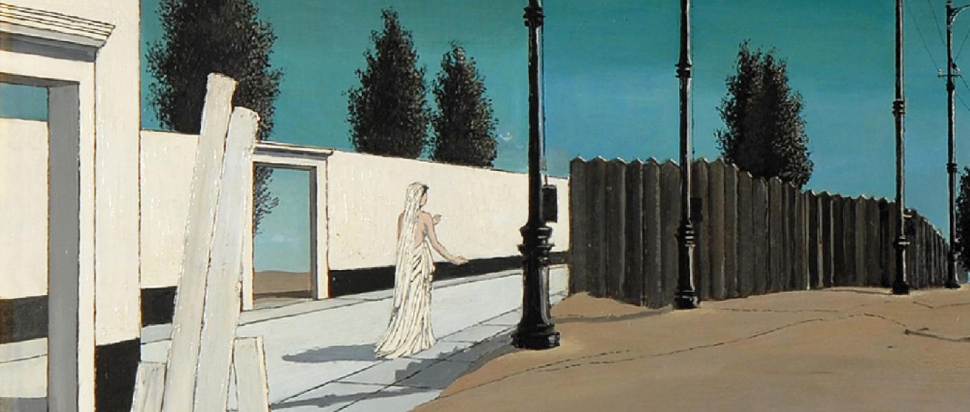 Paul DELVAUX (Antheit, 1897 – Furnes, 1994), La Ville lunaire II (détail), 1956. Peinture à l’huile sur panneau. 89 x 139 cm. N° inv. AM684. Legs Dr Ch. Delsemme.  