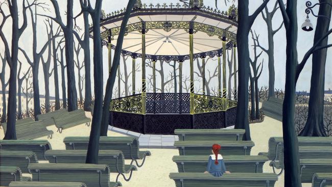 Micheline Boyadjian, Le kiosque en hiver (détail), 1966, Peinture a l’huile sur panneau maroufle, Legs J. Naets, N° inv. AM2976