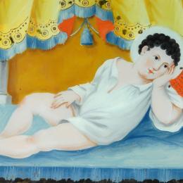 Enfant Jésus couché, 19e s., peinture sous verre, Donation Boyadjian, BO381.
