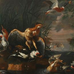 Jan FYT (Anvers, 1611 – Anvers, 1661), La chasse au butor, 17e s. Peinture à l’huile sur toile. 190 x 257 cm. N° inv. AA195. Don Baron et Baronne R. Snoy.