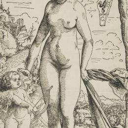 Lucas CRANACH (Kronach, 1472 – Weimar, 1553), Vénus et Cupidon, 1506. Gravure sur bois. 28 x 18,7 cm. N° inv. ES197. Fonds Suzanne Lenoir.