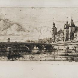 Charles MERYON (Paris, 1821 – Charenton, 1868), Le Pont-au-Change, 1854. Eau-forte. 14 x 32.5 cm. N° inv. ES480. Fonds Suzanne Lenoir.