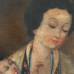 Madone (détail), Chine, vers 1600. Peinture à l’huile sur soie.152 x 80,5 cm. N° inv. NE90. Abbé E. Degreef.