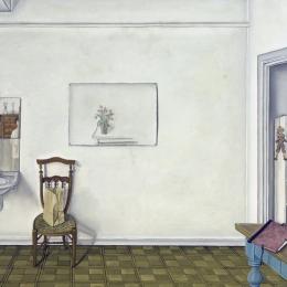 Micheline BOYADJIAN (Bruges, 1923 – Ixelles, 2019), Mon nouvel atelier, 1987. Peinture à l’huile sur papier marouflé sur panneau. 74,9 x 109,4 cm. N° inv. AM1101. Donation Boyadjian.