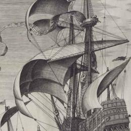 Frans HUYS (Anvers, 1522 – Anvers, 1562) d’après Pieter BRUEGEL l’Ancien, Navire à trois mâts armé en pleine mer, accompagné d’un brigantin, 1561-1562. Burin. 42,5 x 71,5 cm. N° inv. ES96. Fonds Suzanne Lenoir.