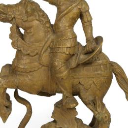 Saint Georges à cheval terrassant le dragon, Pays-Bas méridionaux, vers 1550. Bois polychromé. 69,2 X 47 cm. N° inv. VH113. Legs F. Van Hamme.