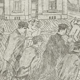Jean BRUSSELMANS (Bruxelles, 1884 – Dilbeek, 1953), Ouvriers de fabrique, s. d. Eau-forte. 57,2 x 38,2 cm. N° inv. AM265. Donation Serge Goyens de Heusch.