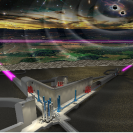 Vue d’artiste du futur télescope Einstein dans sa possible configuration triangulaire. Il s’agit d’un interféromètre laser souterrain avec des bras de 10 km de long.